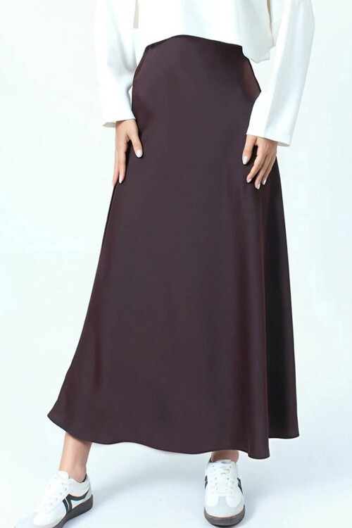 Acı Kahve Yüksek Bel Basic Saten Etek BCHCA-251231