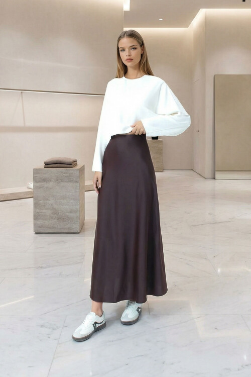 Acı Kahve Yüksek Bel Basic Saten Etek BCHCA-251231