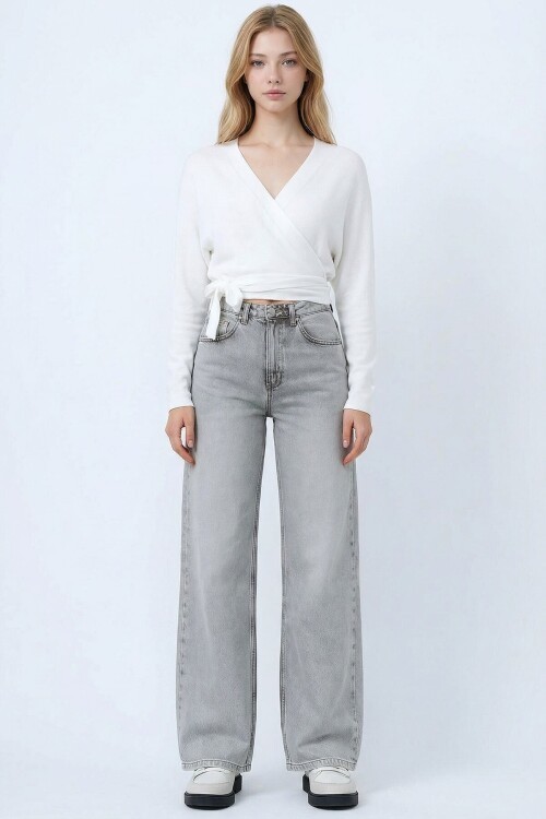 Açık Gri Yüksek Bel 5 Cepli Baggy Jean BCHNW-251207