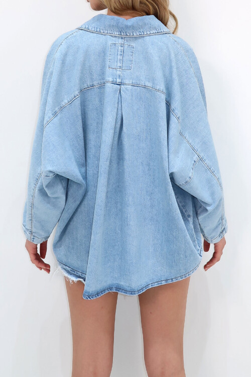 Açık Mavi Yarasa Kol Oversize Çıtçıt Kapamalı Mevsimlik Jean Ceket BCHNW-251222
