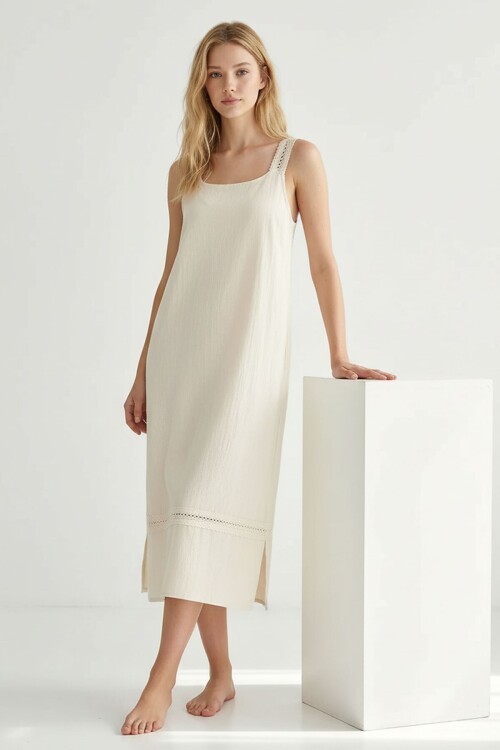 Alaçatı Keten Askılı Askısı Dantelli Elbise