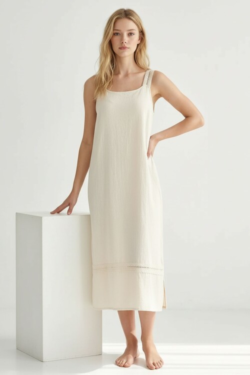 Alaçatı Keten Askılı Askısı Dantelli Elbise