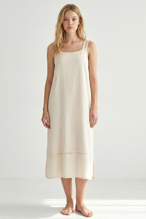 Alaçatı Keten Askılı Askısı Dantelli Elbise