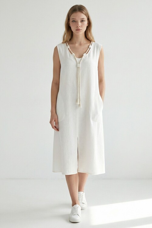 Alaçatı Keten Askılı Boyundan Halat Detaylı Elbise