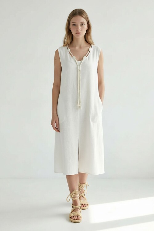 Alaçatı Keten Askılı Boyundan Halat Detaylı Elbise