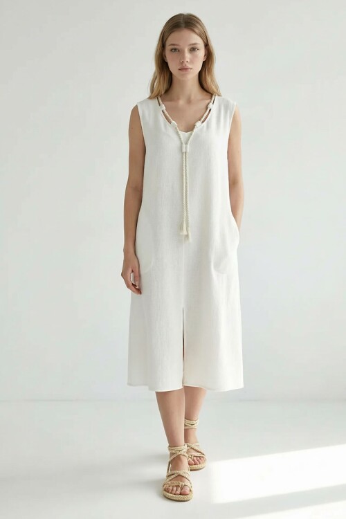 Alaçatı Keten Askılı Boyundan Halat Detaylı Elbise