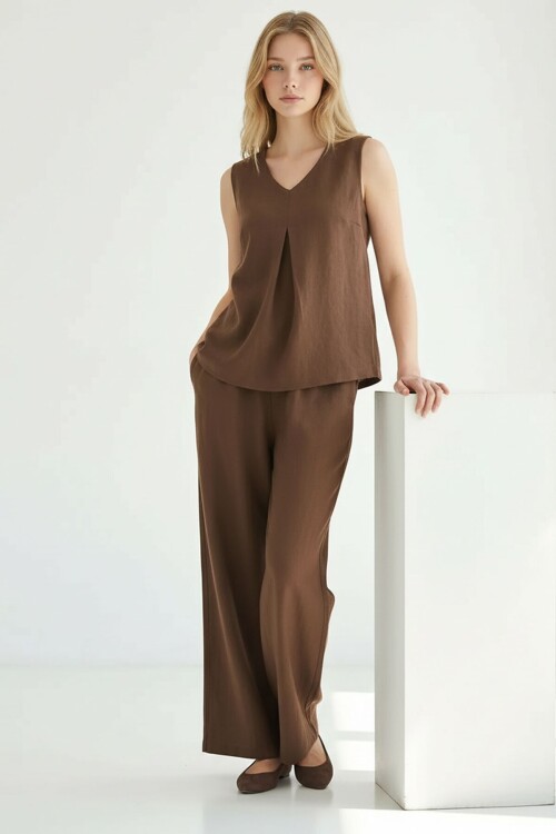 Alaçatı Keten Askılı V Yaka Keten Takım