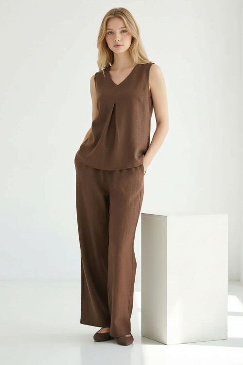 Alaçatı Keten Askılı V Yaka Keten Takım