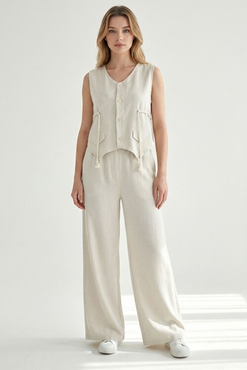 Alaçatı Keten Askılı Yanları Halat Detaylı Gömlek Takım