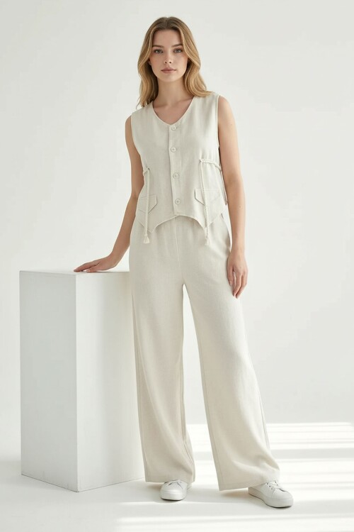 Alaçatı Keten Askılı Yanları Halat Detaylı Gömlek Takım