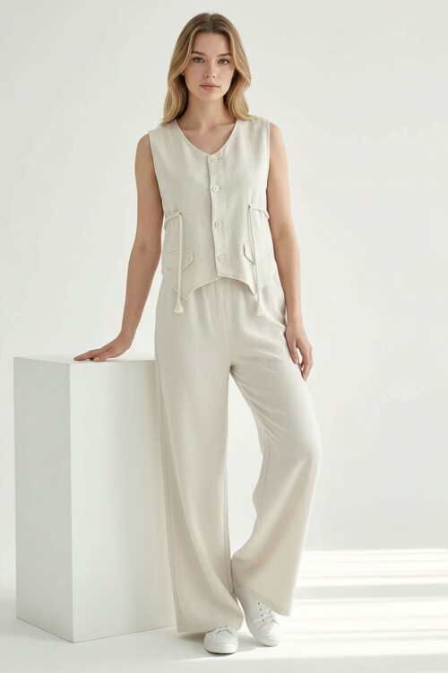 Alaçatı Keten Askılı Yanları Halat Detaylı Gömlek Takım