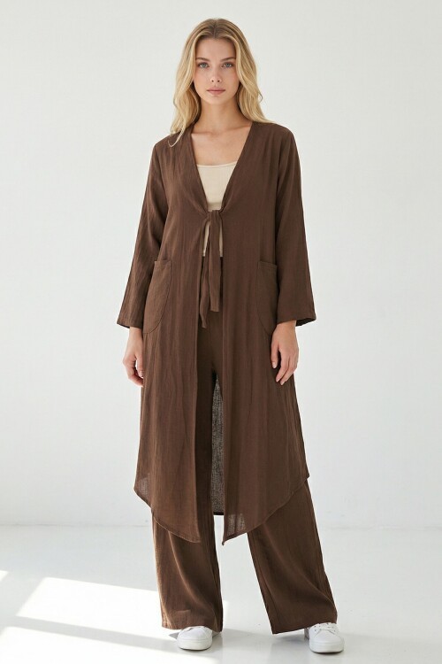Alaçatı Keten Bağlamalı Kimono Takım