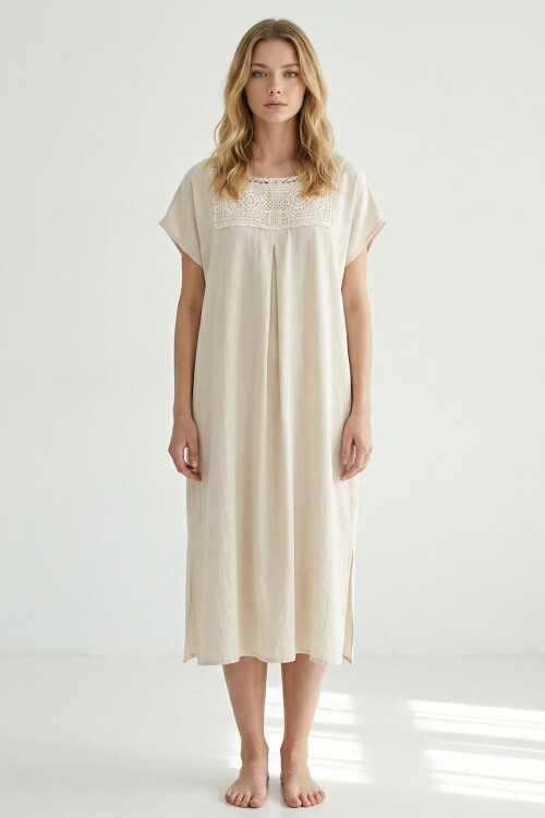 Alaçatı Keten Dantel Detaylı Ay Kol Elbise