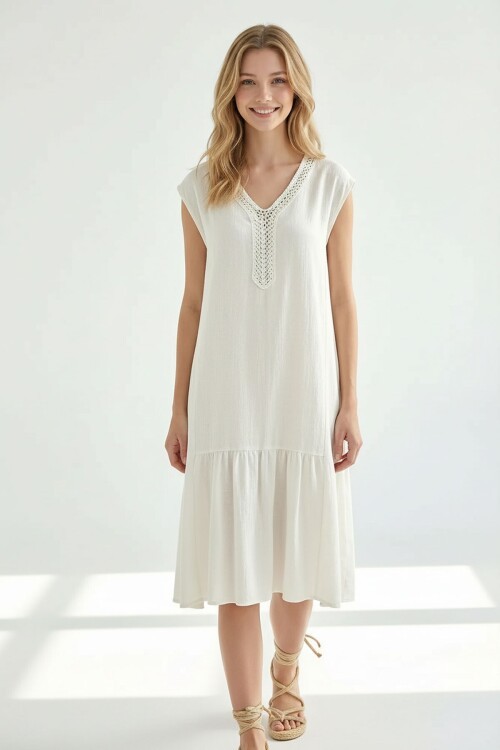 Alaçatı Keten Dantel Detaylı Elbise