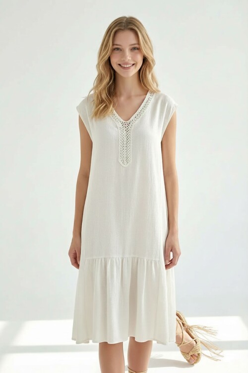 Alaçatı Keten Dantel Detaylı Elbise