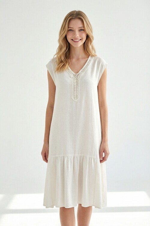 Alaçatı Keten Dantel Detaylı Elbise