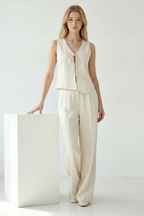 Alaçatı Keten İp Bağlamalı Yanı Düğme Detaylı Takım