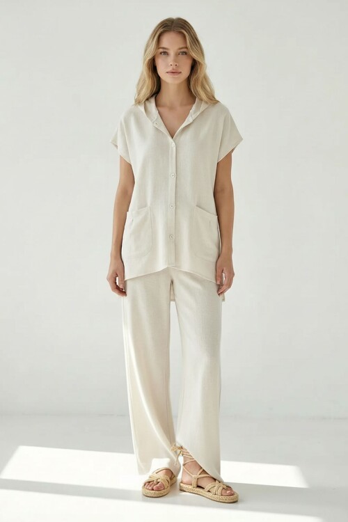 Alaçatı Keten Kapüşonlu Gömlek Takım