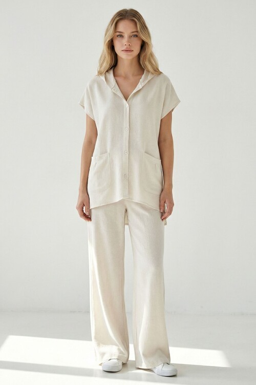 Alaçatı Keten Kapüşonlu Gömlek Takım