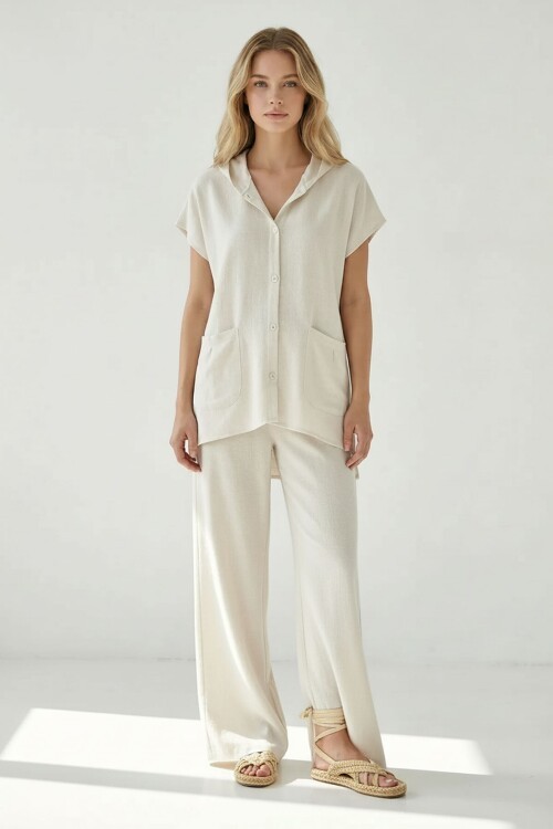 Alaçatı Keten Kapüşonlu Gömlek Takım