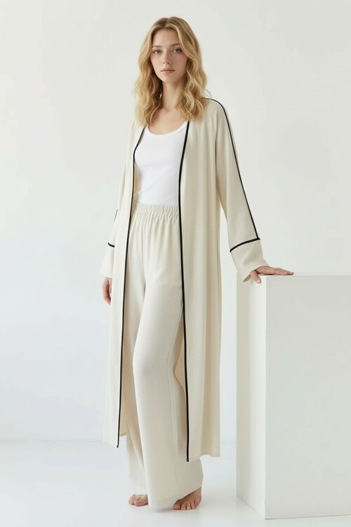 Alaçatı Keten Kimono Siyah Çizgi Detaylı Takım