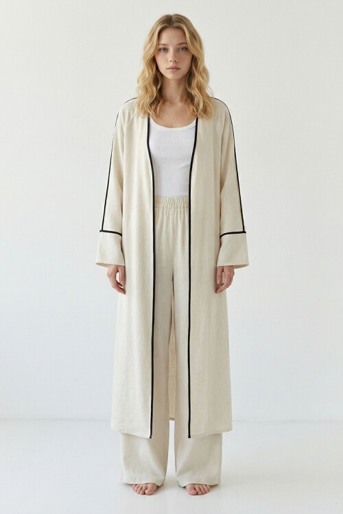 Alaçatı Keten Kimono Siyah Çizgi Detaylı Takım