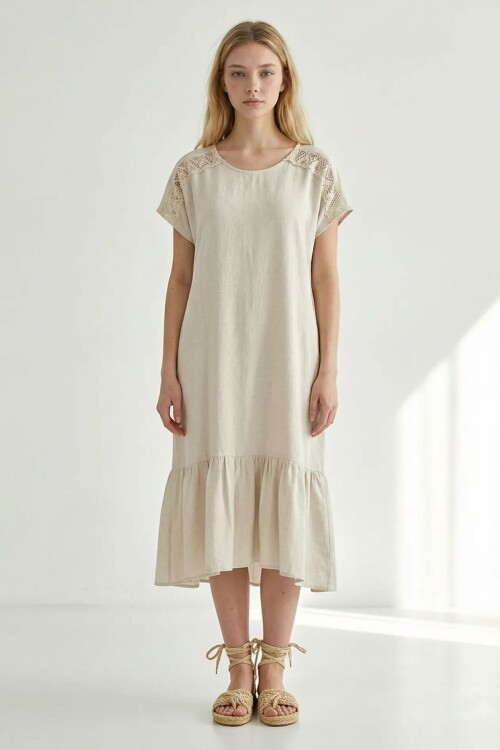 Alaçatı Keten Omuz Dantel Detaylı Eteği Fırfırlı Elbise