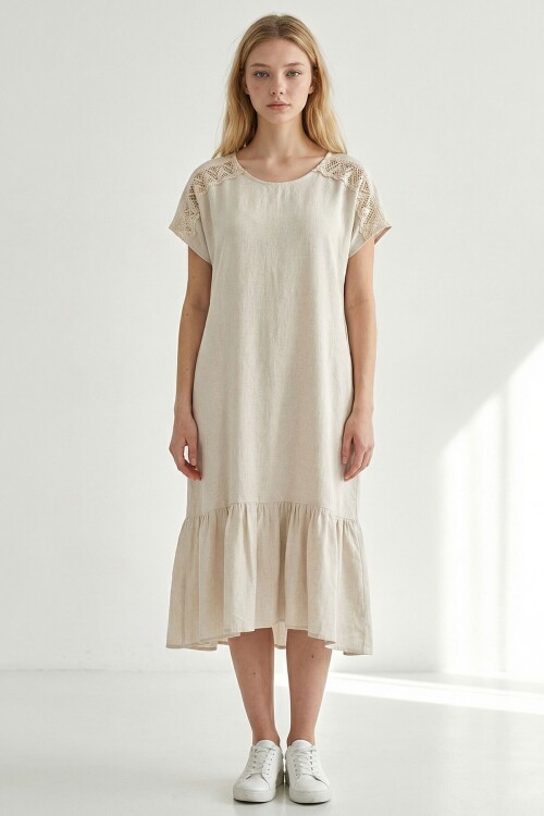 Alaçatı Keten Omuz Dantel Detaylı Eteği Fırfırlı Elbise