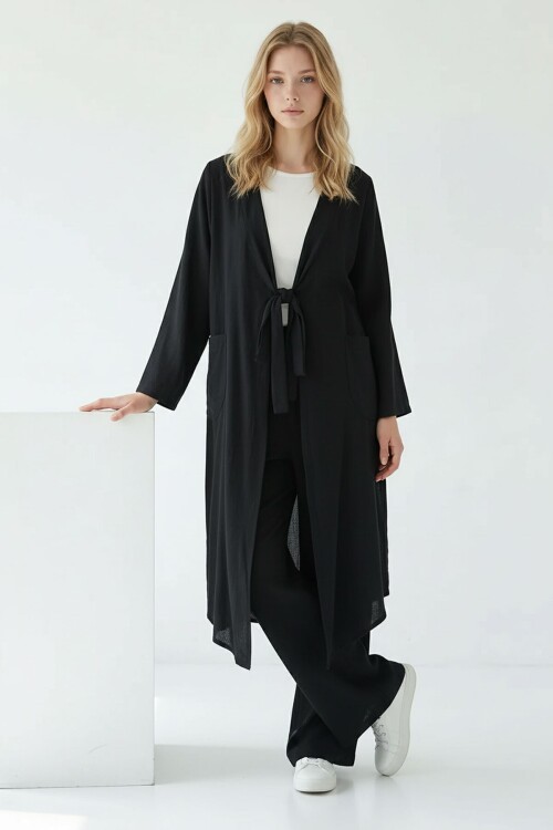 Alaçatı Keten Siyah Bağlamalı Kimono Takım