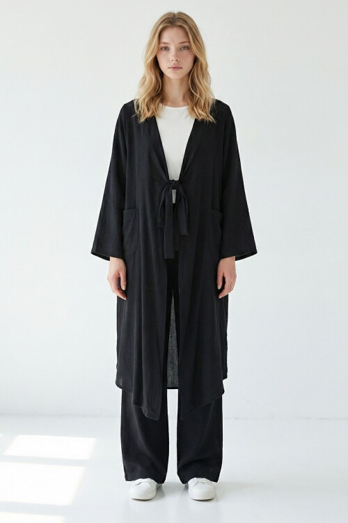 Alaçatı Keten Siyah Bağlamalı Kimono Takım