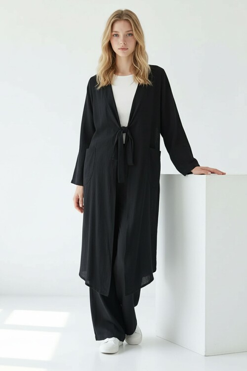 Alaçatı Keten Siyah Bağlamalı Kimono Takım