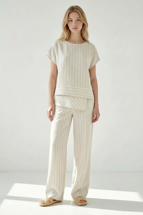 Alaçatı Keten Siyah Çizgili Takım