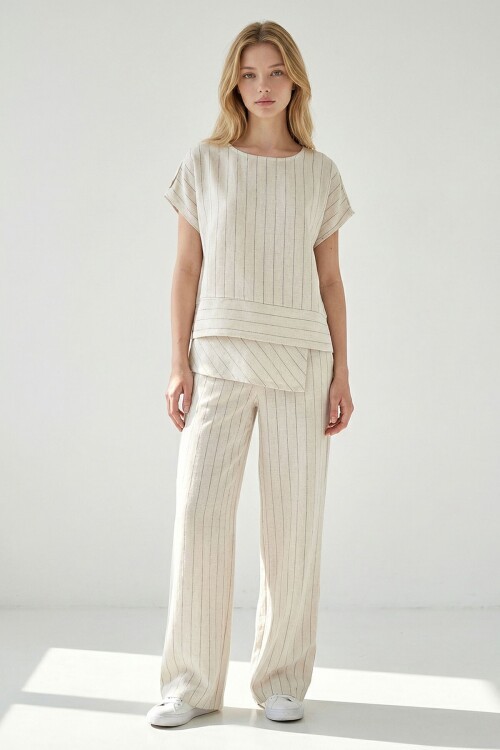 Alaçatı Keten Siyah Çizgili Takım