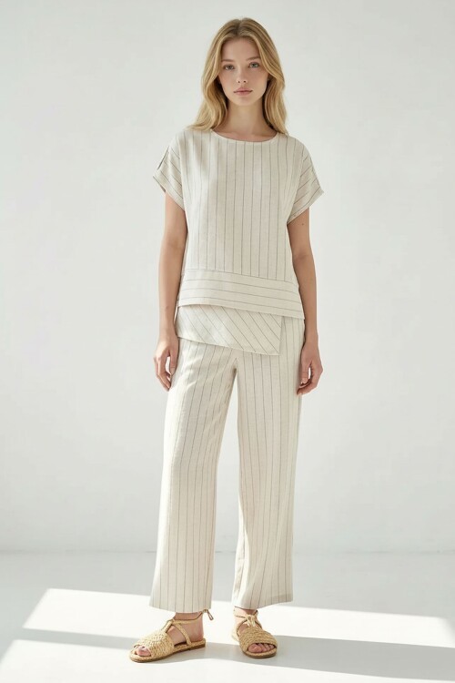 Alaçatı Keten Siyah Çizgili Takım