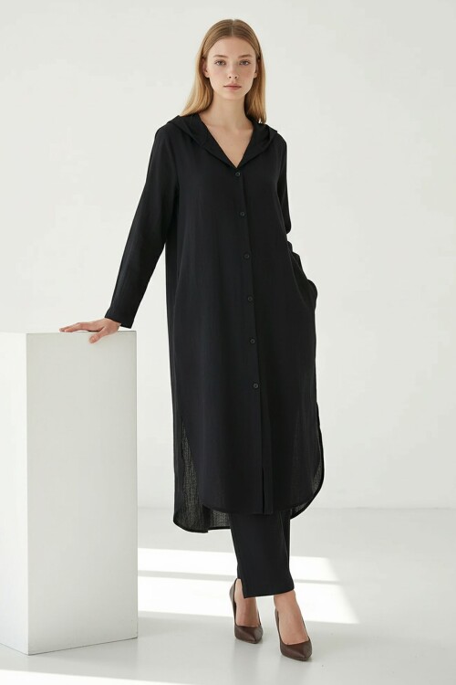 Alaçatı Keten Siyah Keten Gömlek Takım