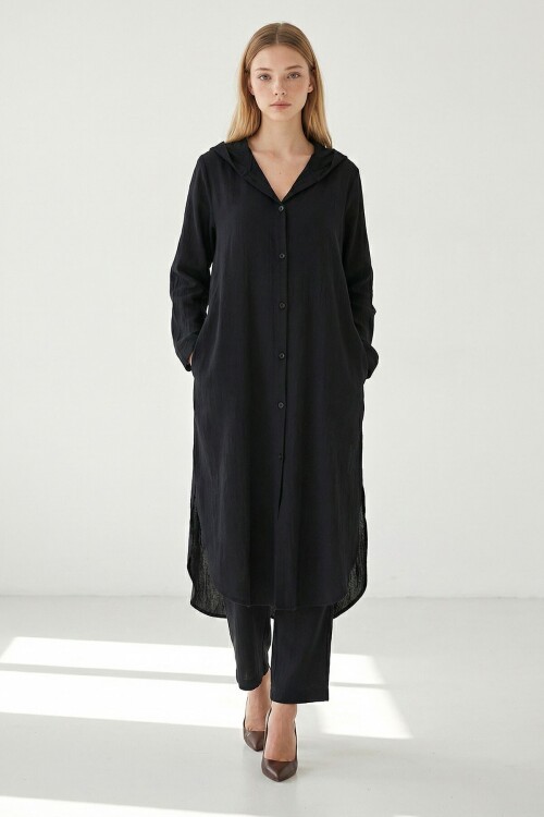 Alaçatı Keten Siyah Keten Gömlek Takım