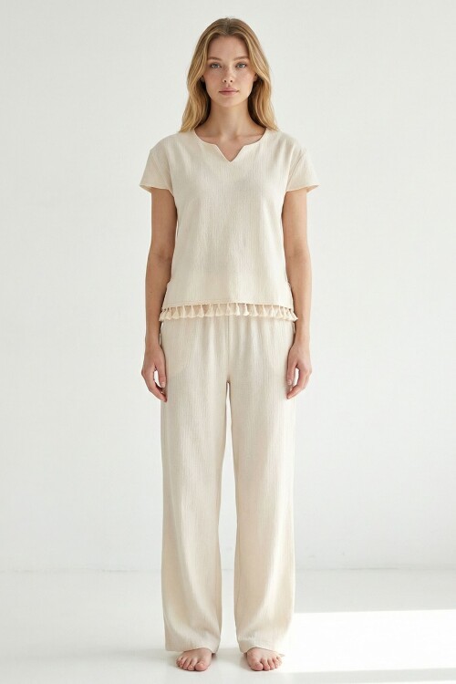 Alaçatı Keten Yarım Kol Altı Püsküllü Takım