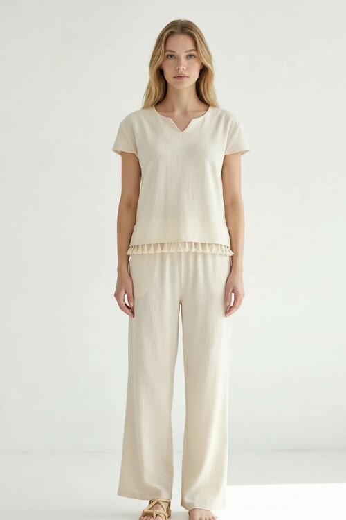 Alaçatı Keten Yarım Kol Altı Püsküllü Takım