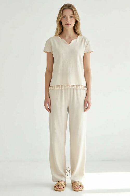 Alaçatı Keten Yarım Kol Altı Püsküllü Takım