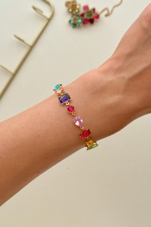 Altın1 316L Çelik Gema Bileklik Zirkon Renkli Taşlı Bileklik Gold