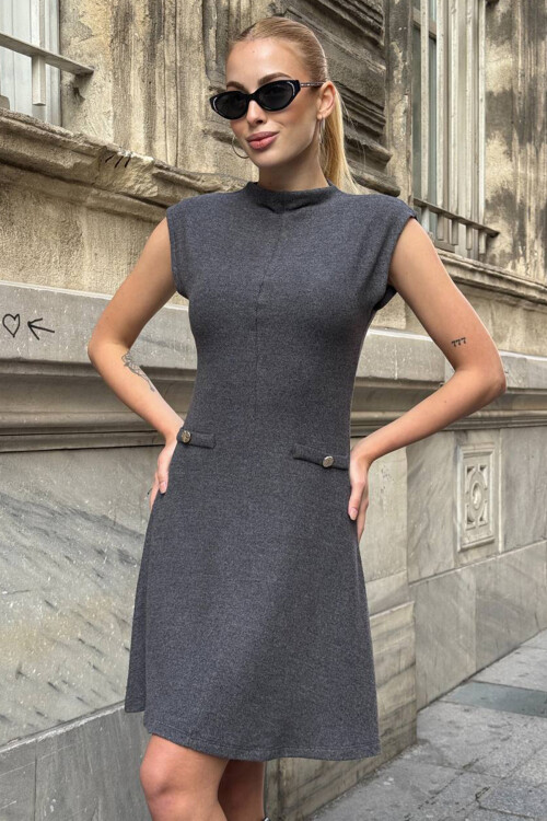 Antrasit Cep Detaylı Kolsuz Mini Triko Elbise BCHZCK-251268