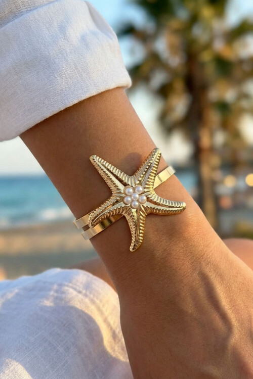 Arm Cuff Çelik Deniz Yıldızı Helenistik Pazu Kol Kelepçesi Gold Ayarlanabilir Kelepçe BCYJ-251047