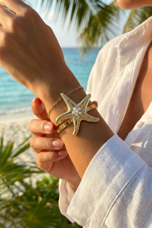 Arm Cuff Çelik Deniz Yıldızı Helenistik Pazu Kol Kelepçesi Gold Ayarlanabilir Kelepçe BCYJ-251047
