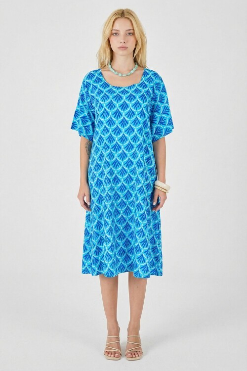 Bebe Mavi U Yaka Kısa Kollu Midi Boy Desenli Elbise