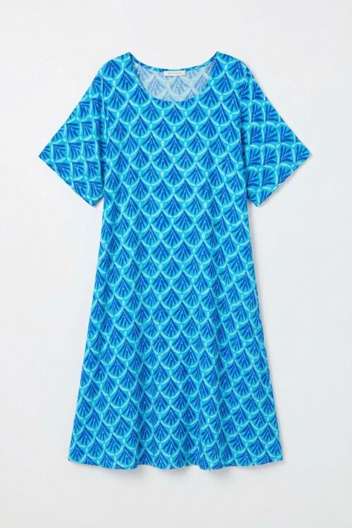 Bebe Mavi U Yaka Kısa Kollu Midi Boy Desenli Elbise