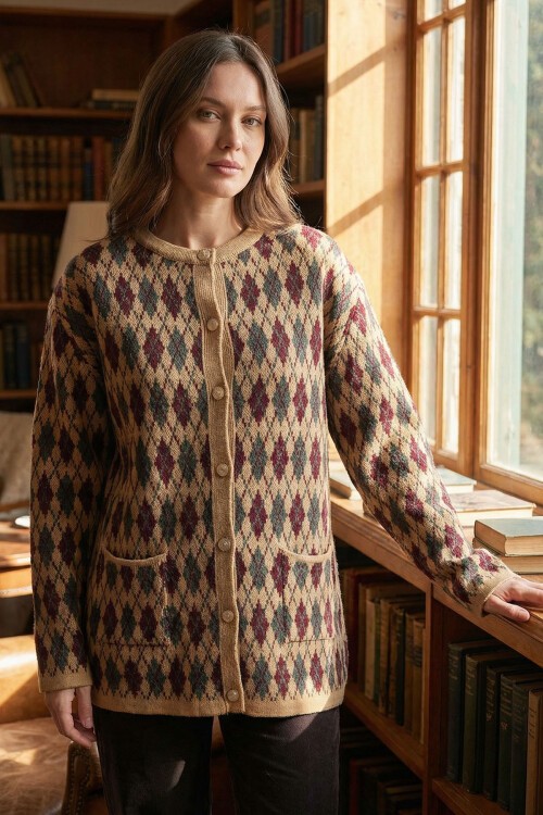Bej Baklava Desenli Düğmeli Cepli Triko Hırka BCHPK-251254