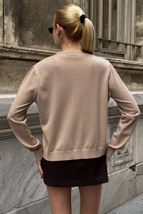 Bej Bisiklet Yaka Düğmeli Triko Hırka BCHZCK-251267