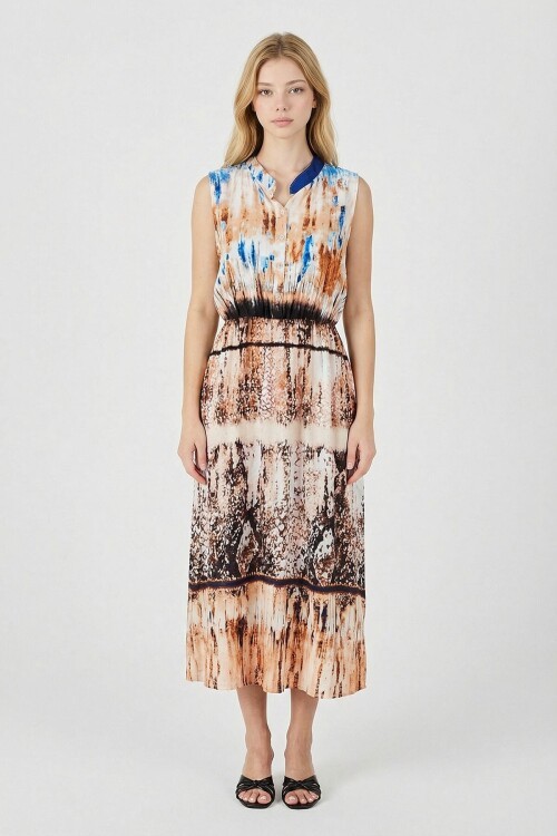 Bej Çentik Yaka Düğmeli Desenli Kolsuz Midi Elbise