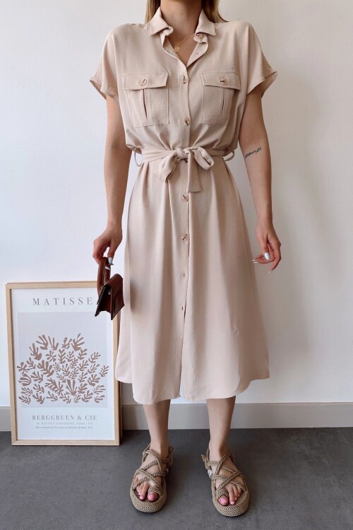 Bej Cepli Kemerli Safari Airobin Elbise