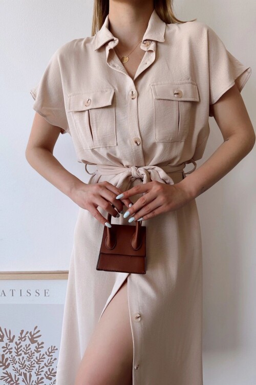 Bej Cepli Kemerli Safari Airobin Elbise